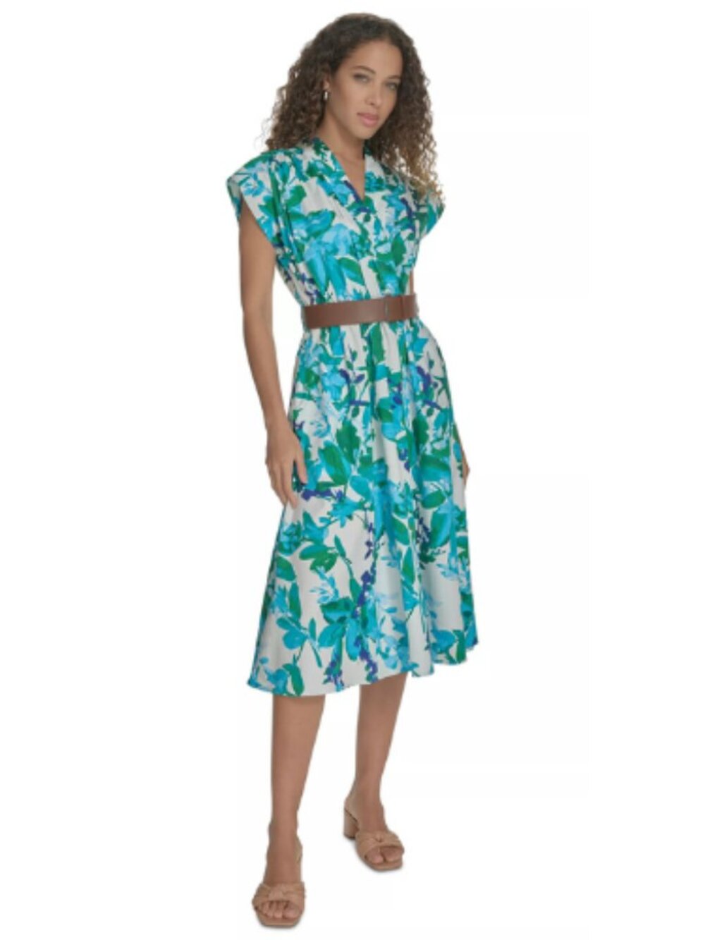 Calvin Klein Green White Flower Midi Event Cocktail V Neck Dress Size 10